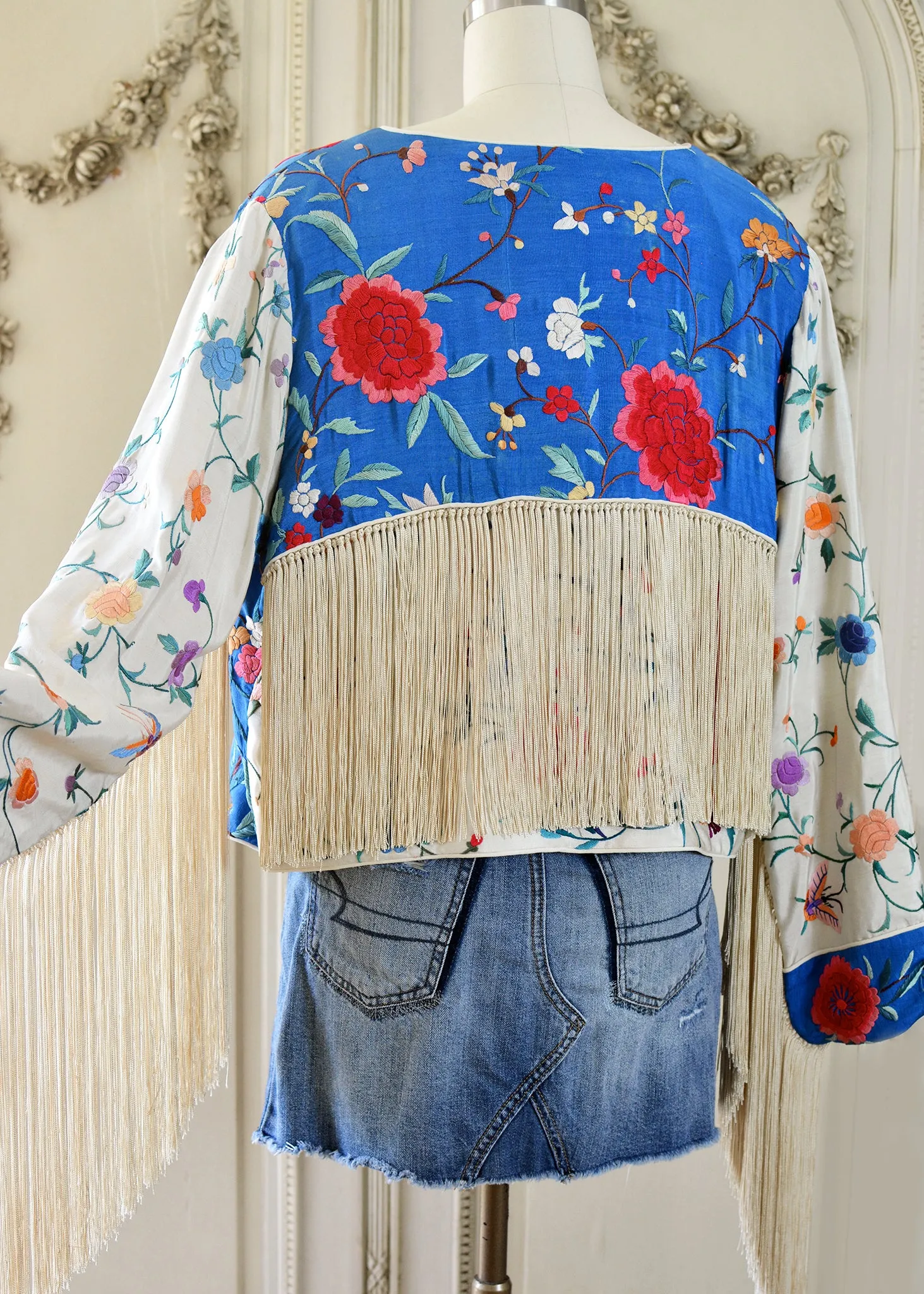 Annie Antique Hand Embroidered Silk Fringe Waist Jacket - Blue & Creme