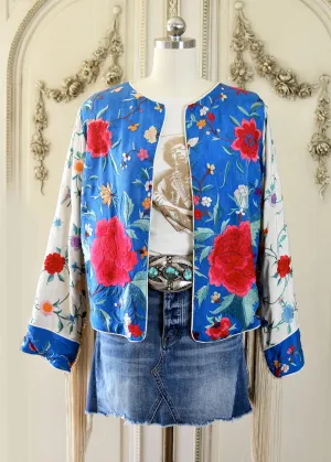 Annie Antique Hand Embroidered Silk Fringe Waist Jacket - Blue & Creme