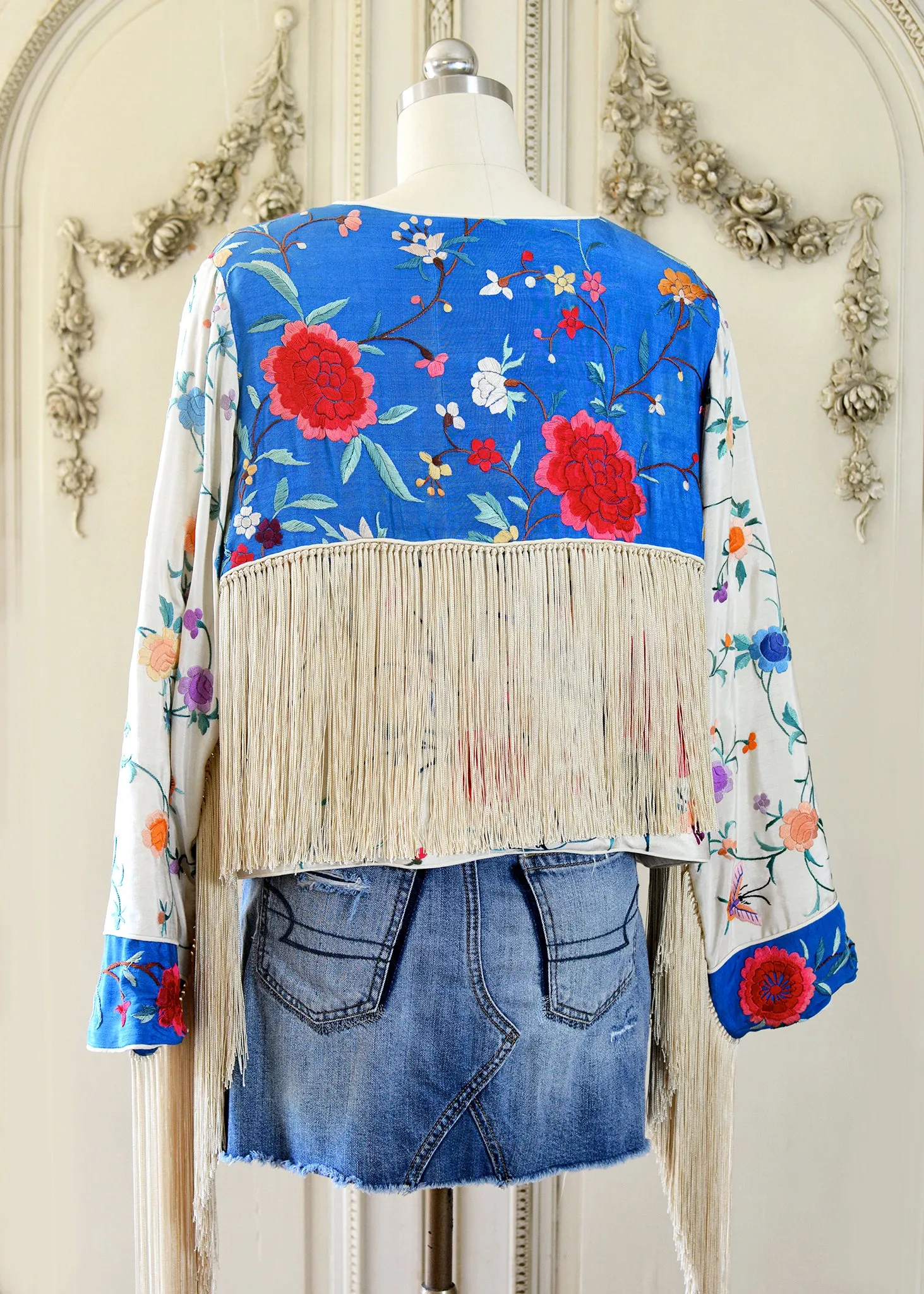 Annie Antique Hand Embroidered Silk Fringe Waist Jacket - Blue & Creme