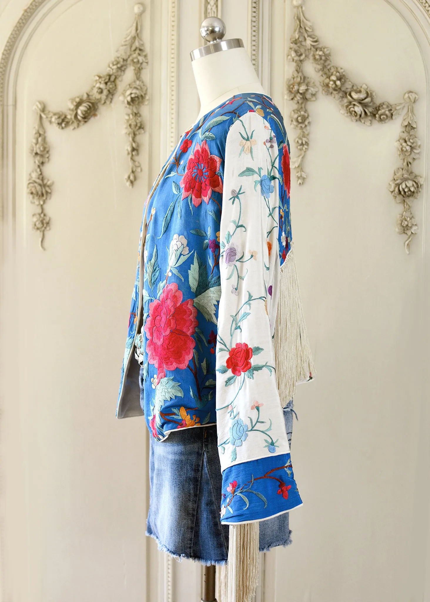 Annie Antique Hand Embroidered Silk Fringe Waist Jacket - Blue & Creme