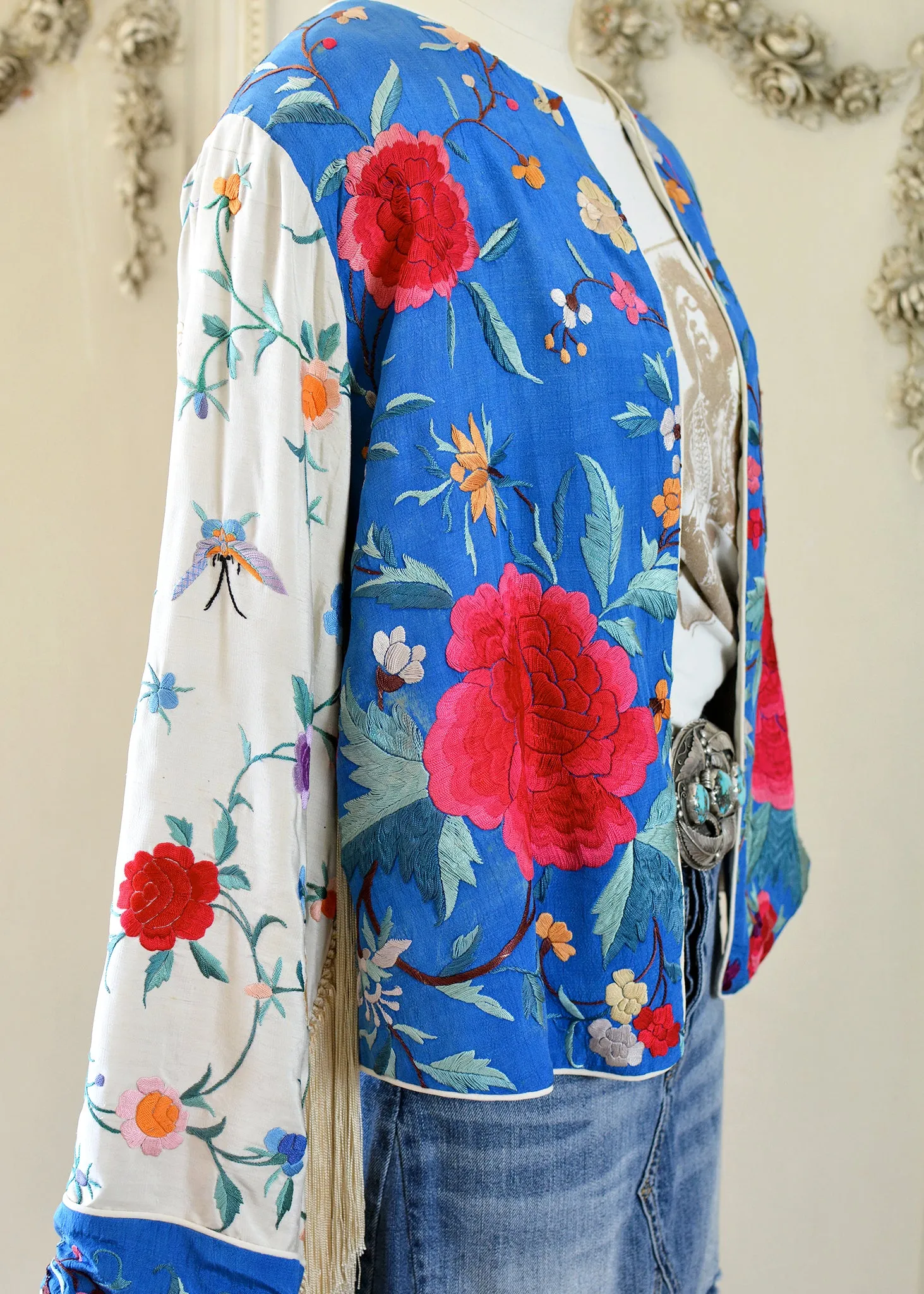 Annie Antique Hand Embroidered Silk Fringe Waist Jacket - Blue & Creme
