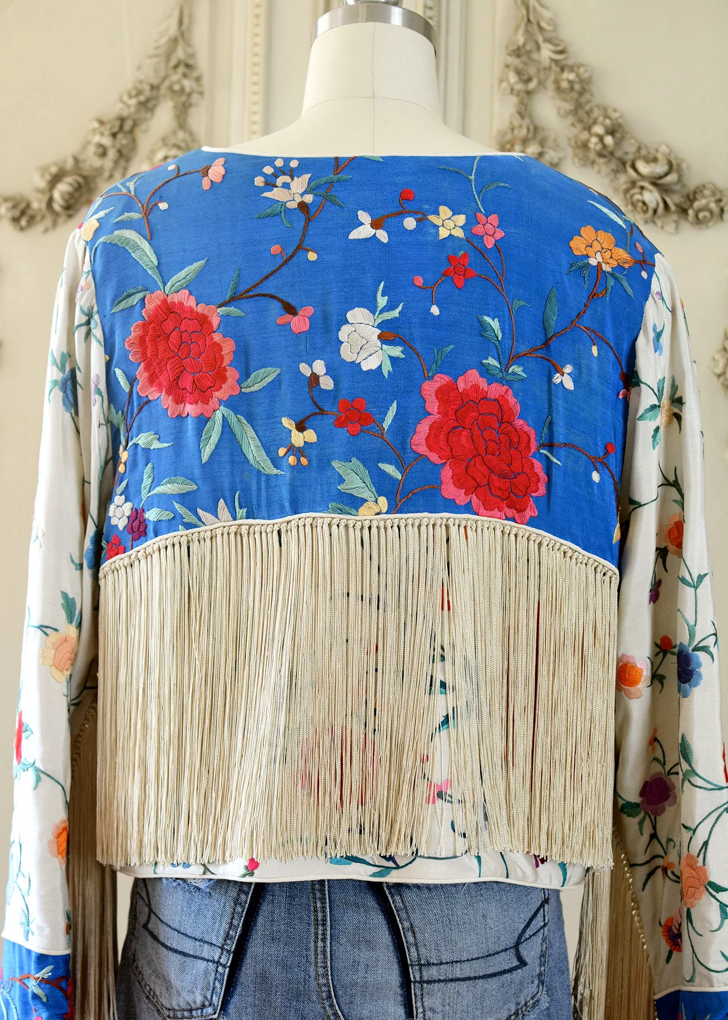 Annie Antique Hand Embroidered Silk Fringe Waist Jacket - Blue & Creme