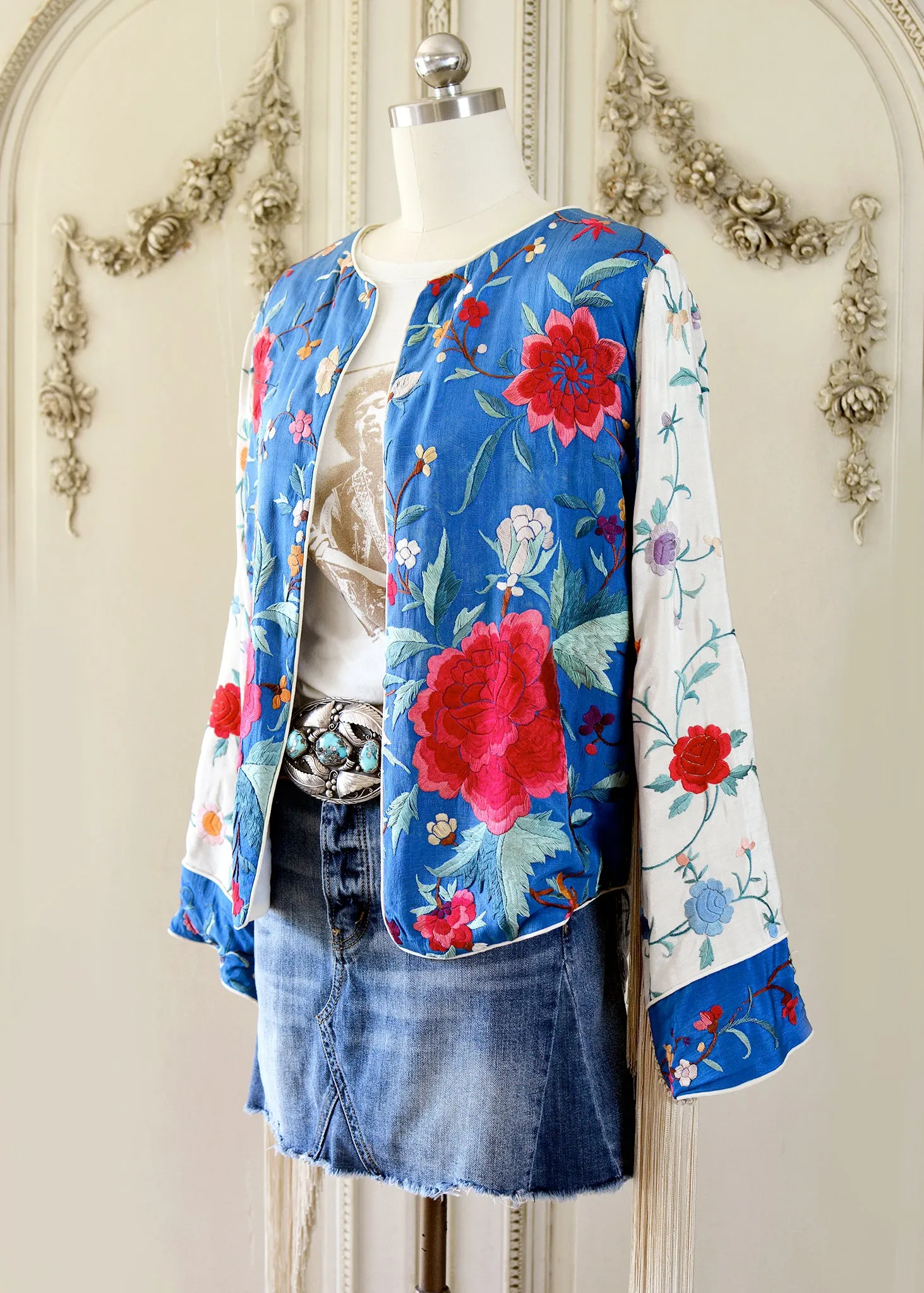 Annie Antique Hand Embroidered Silk Fringe Waist Jacket - Blue & Creme