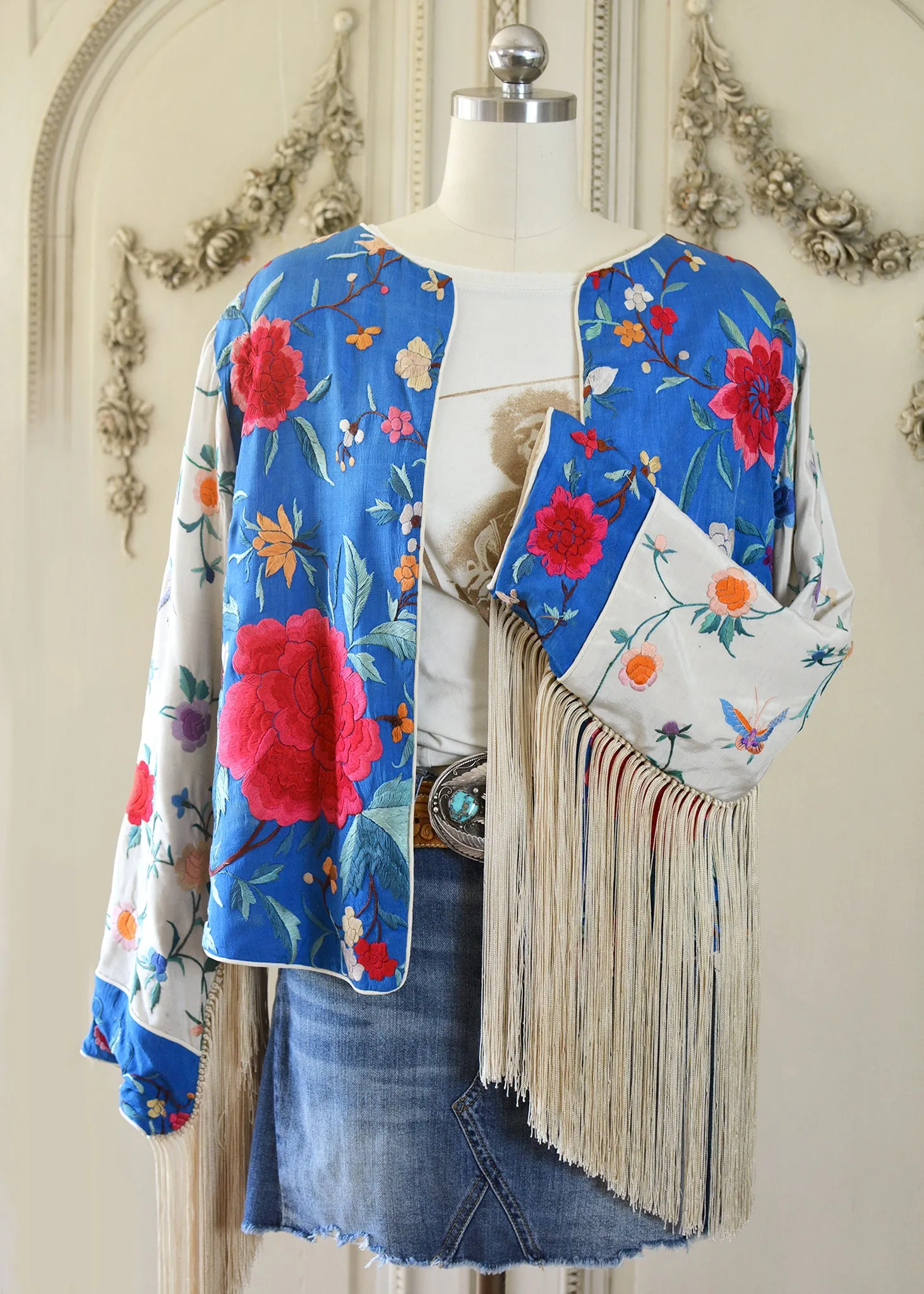 Annie Antique Hand Embroidered Silk Fringe Waist Jacket - Blue & Creme
