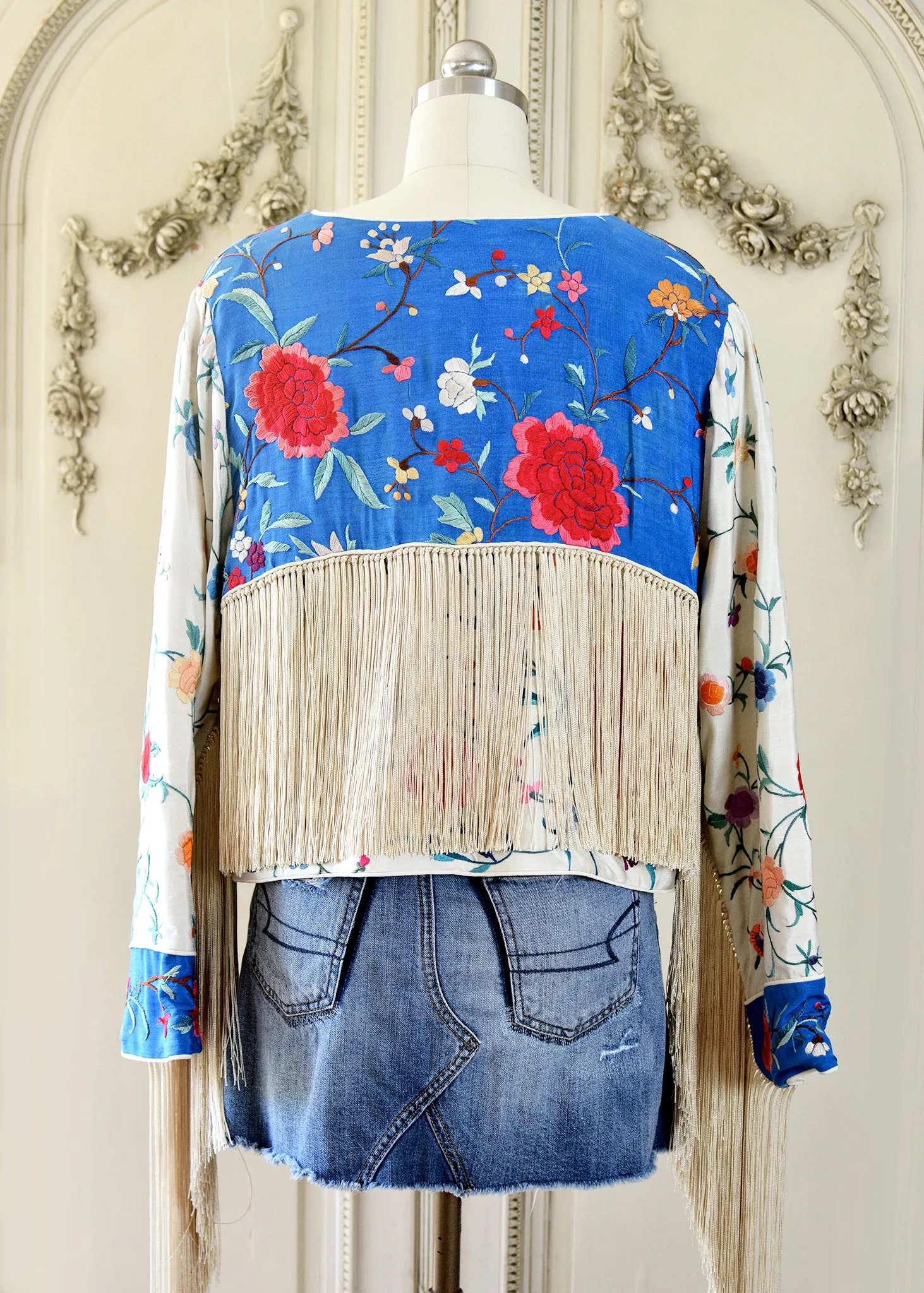 Annie Antique Hand Embroidered Silk Fringe Waist Jacket - Blue & Creme