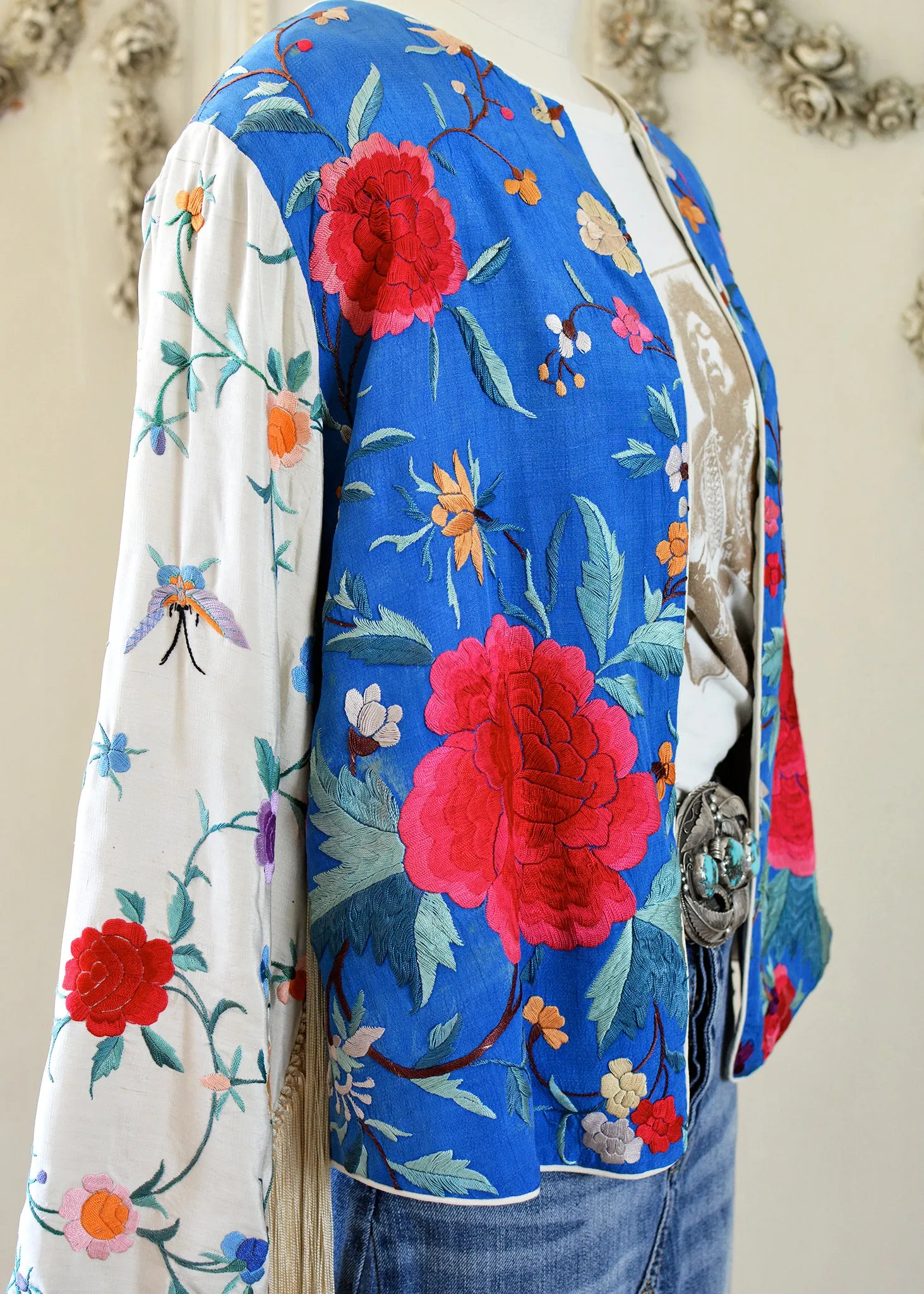 Annie Antique Hand Embroidered Silk Fringe Waist Jacket - Blue & Creme