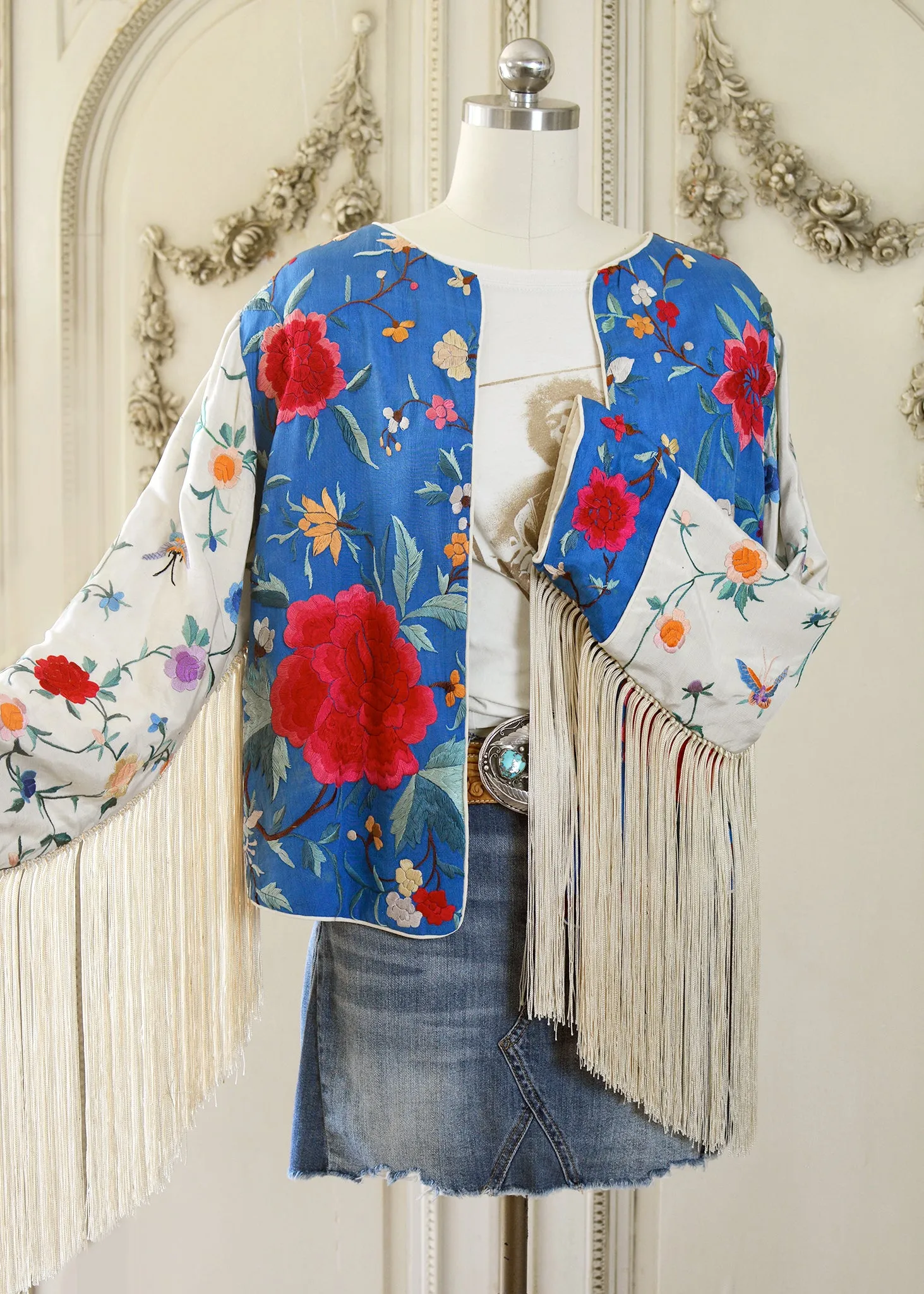 Annie Antique Hand Embroidered Silk Fringe Waist Jacket - Blue & Creme
