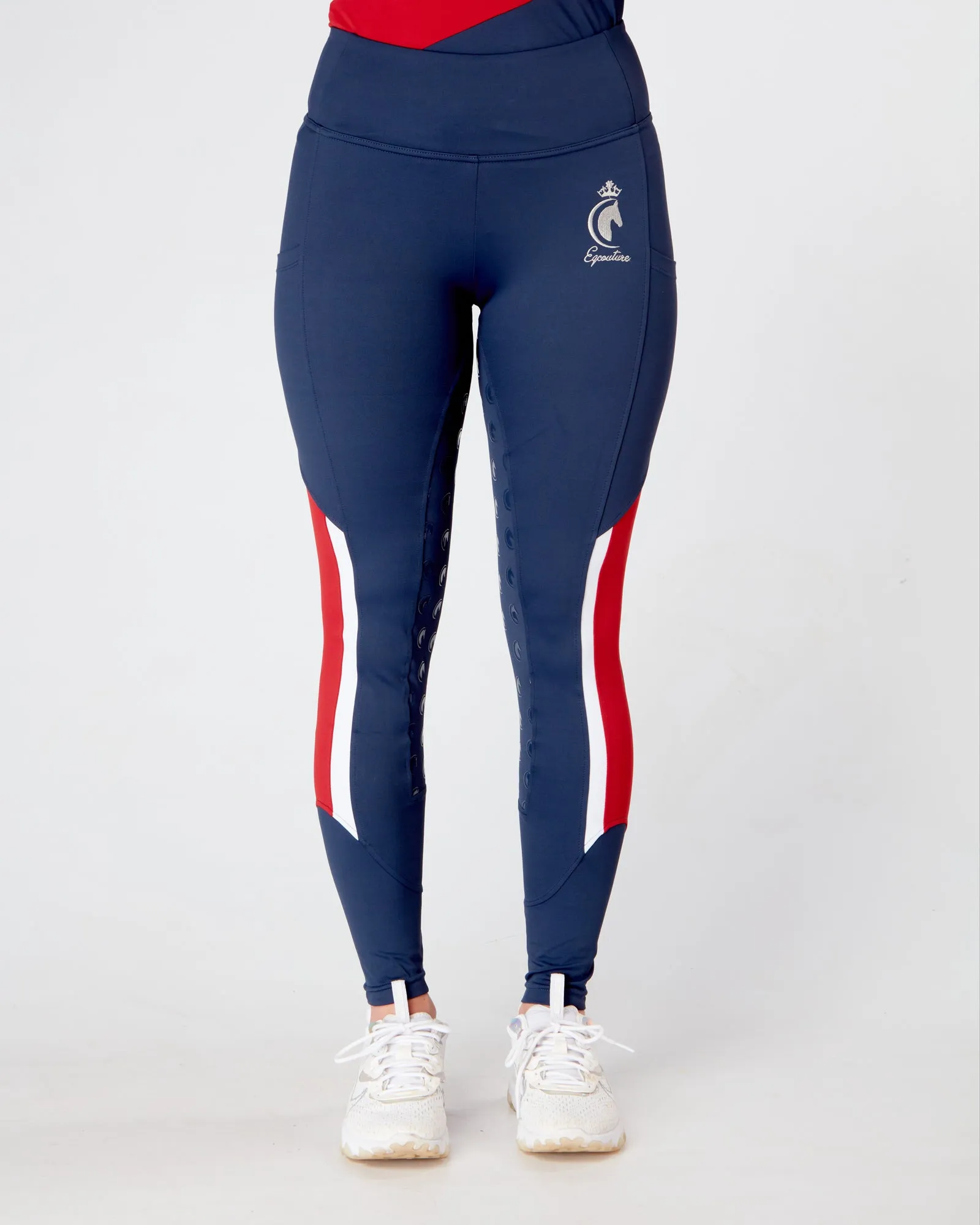 EQC TEAM Riding Leggings / Tights with Phone Pockets - NAVY/RED/WHITE