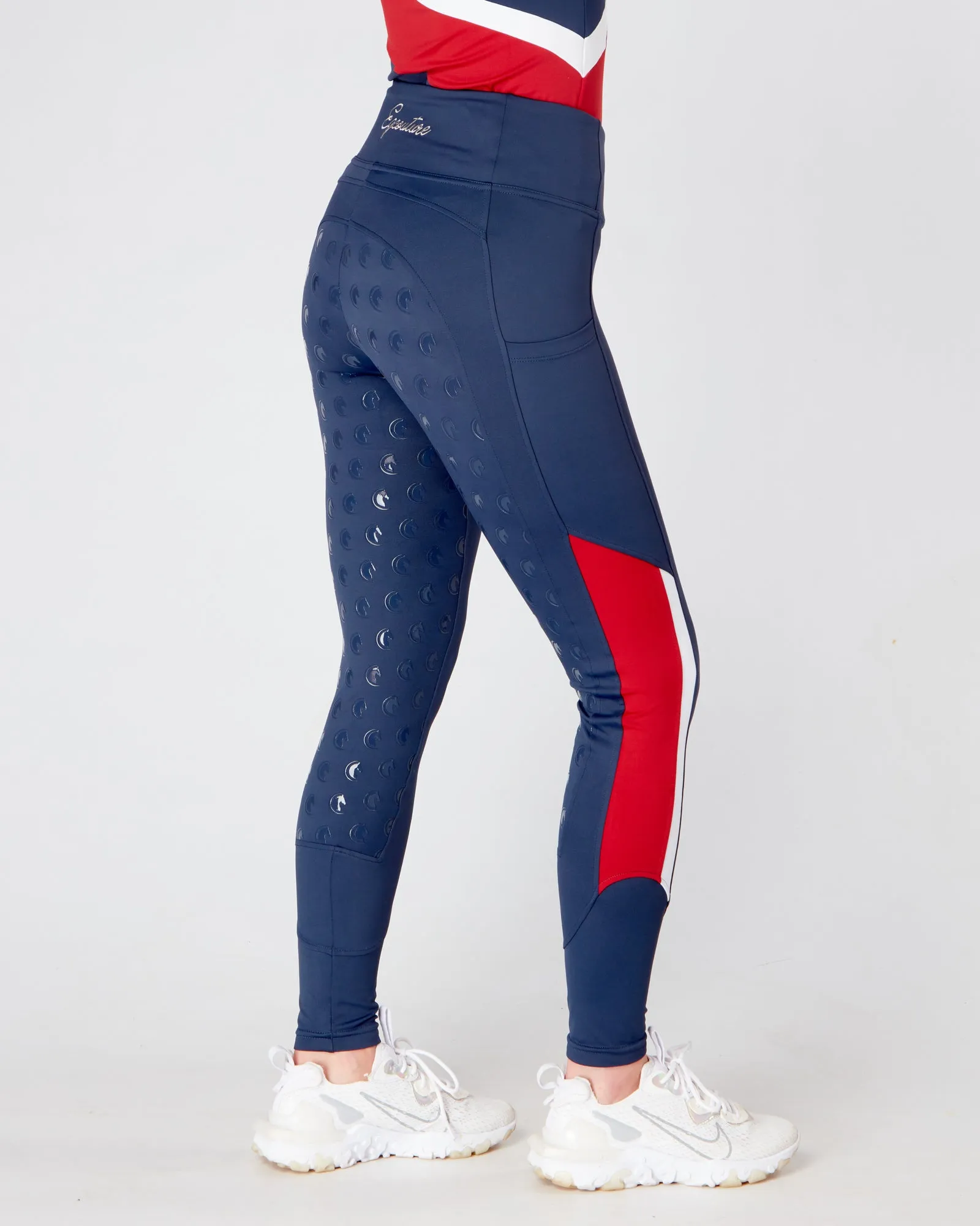 EQC TEAM Riding Leggings / Tights with Phone Pockets - NAVY/RED/WHITE