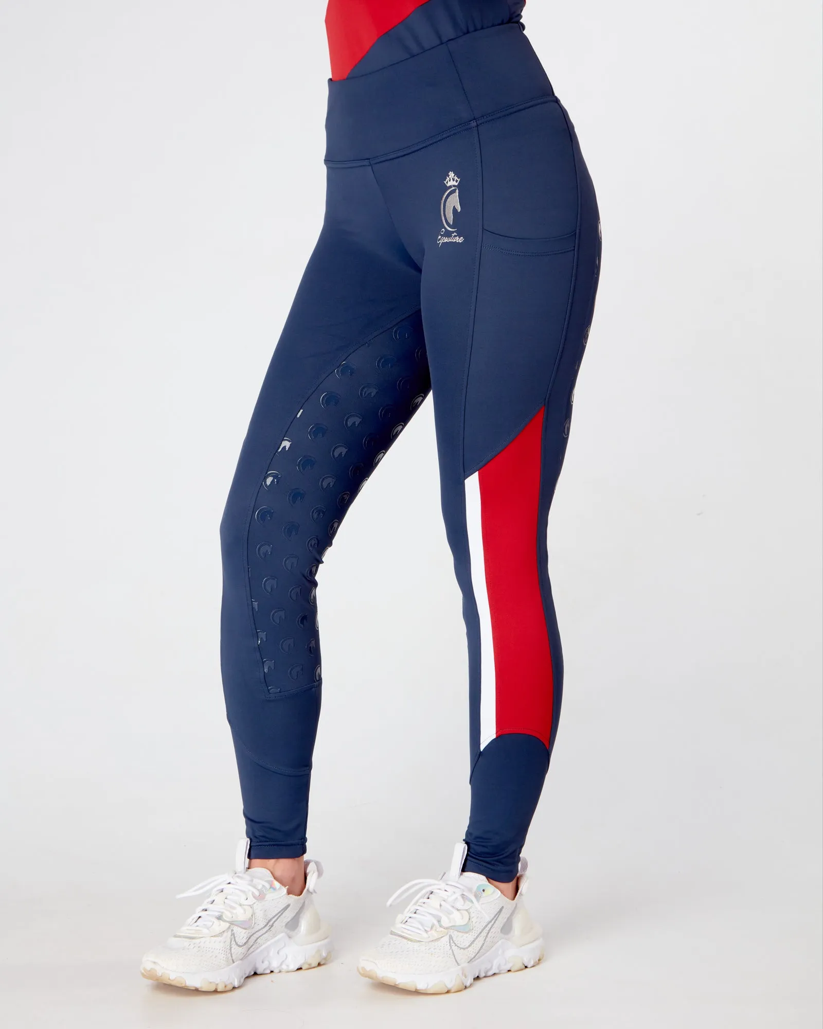 EQC TEAM Riding Leggings / Tights with Phone Pockets - NAVY/RED/WHITE