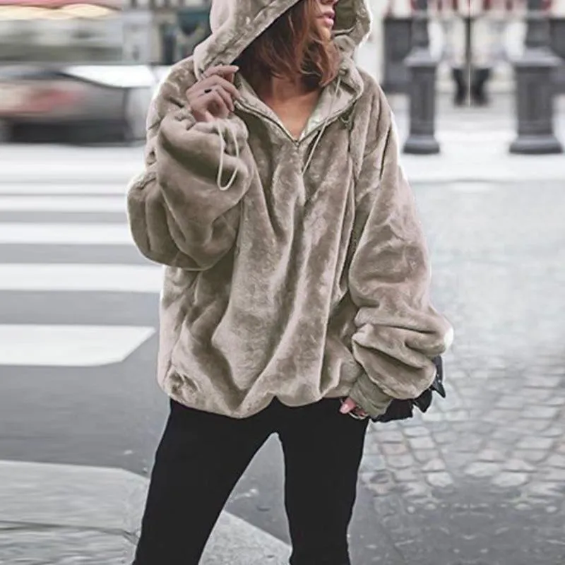 Gray, Pink, Burgundy, Beige, Light Brown Women Loose Hooded Teddy Coat