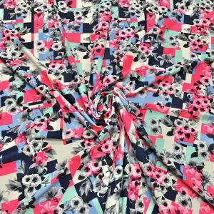Grey Floral On Multicolour Frames Lycra Spandex Fabric