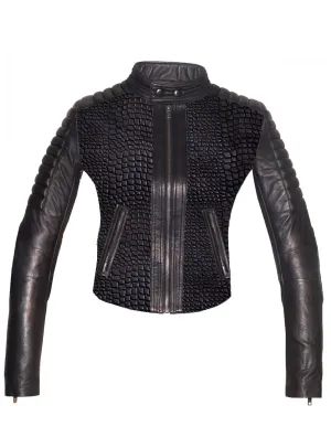 Hand Crafted Leather Croco Lamb Quilted Motorcycle Biker Women Jacket with sleeve padded