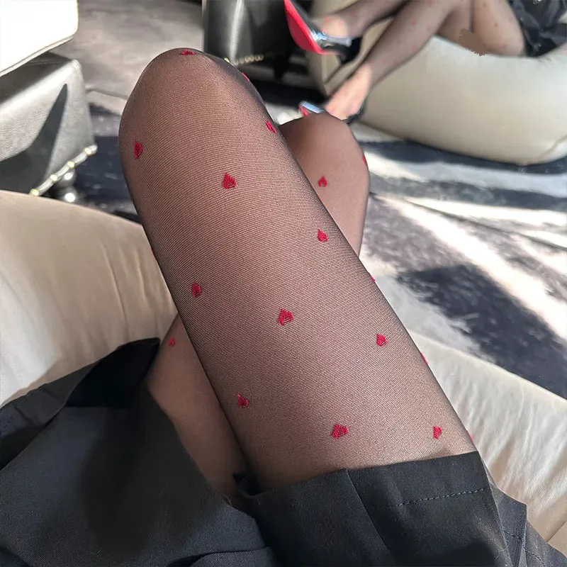 Heart Print Cute Sheer Black Tights Stockings Pantyhose