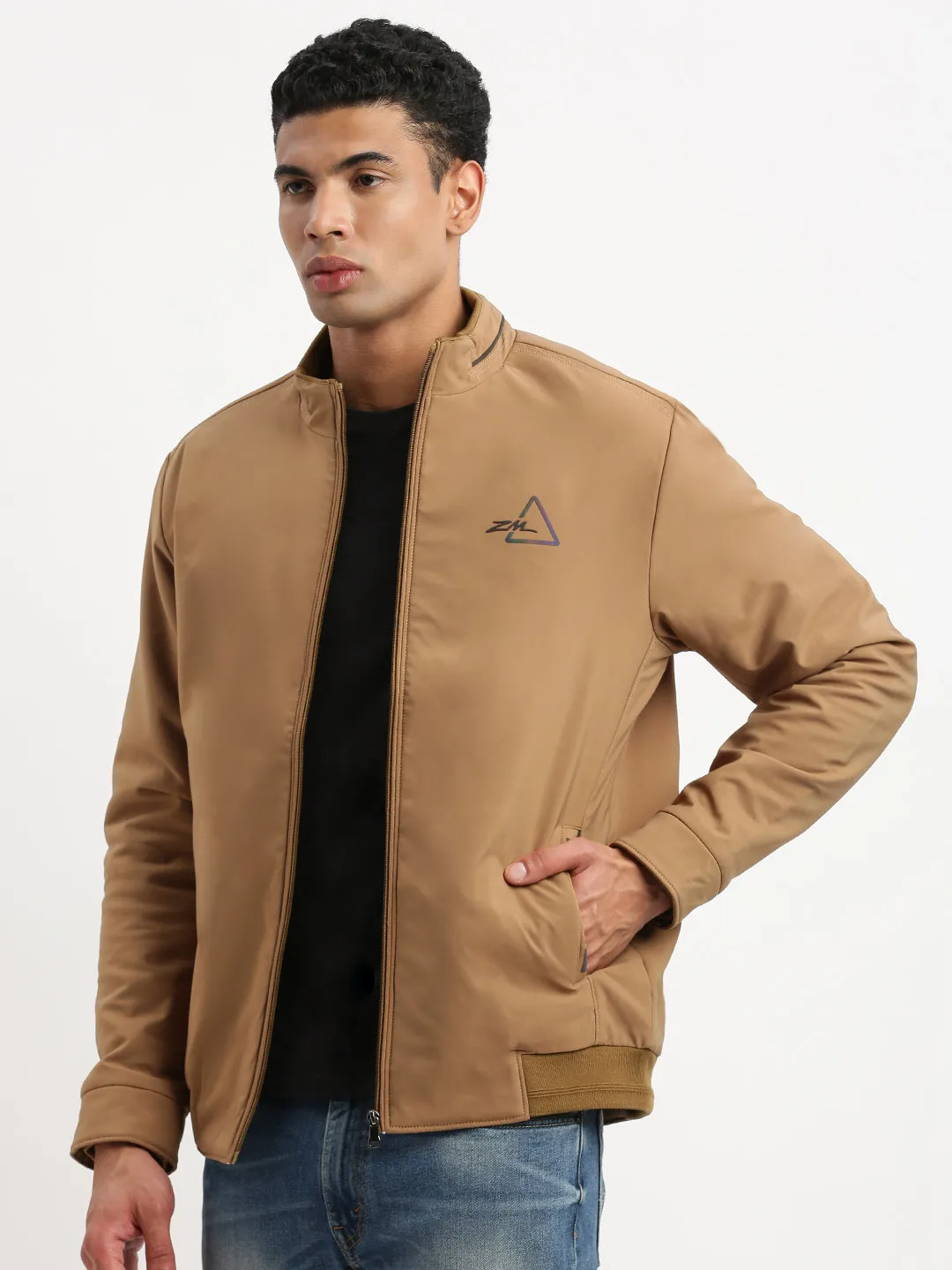 Men Mock Collar Khaki Solid Bomber Jacket