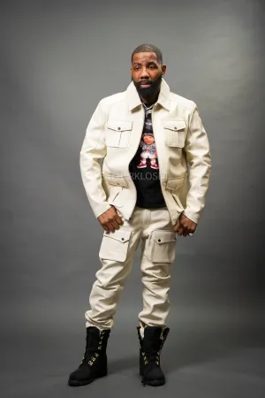 Men's Safari Leather Jacket And Cargo Pants Set [Beige]