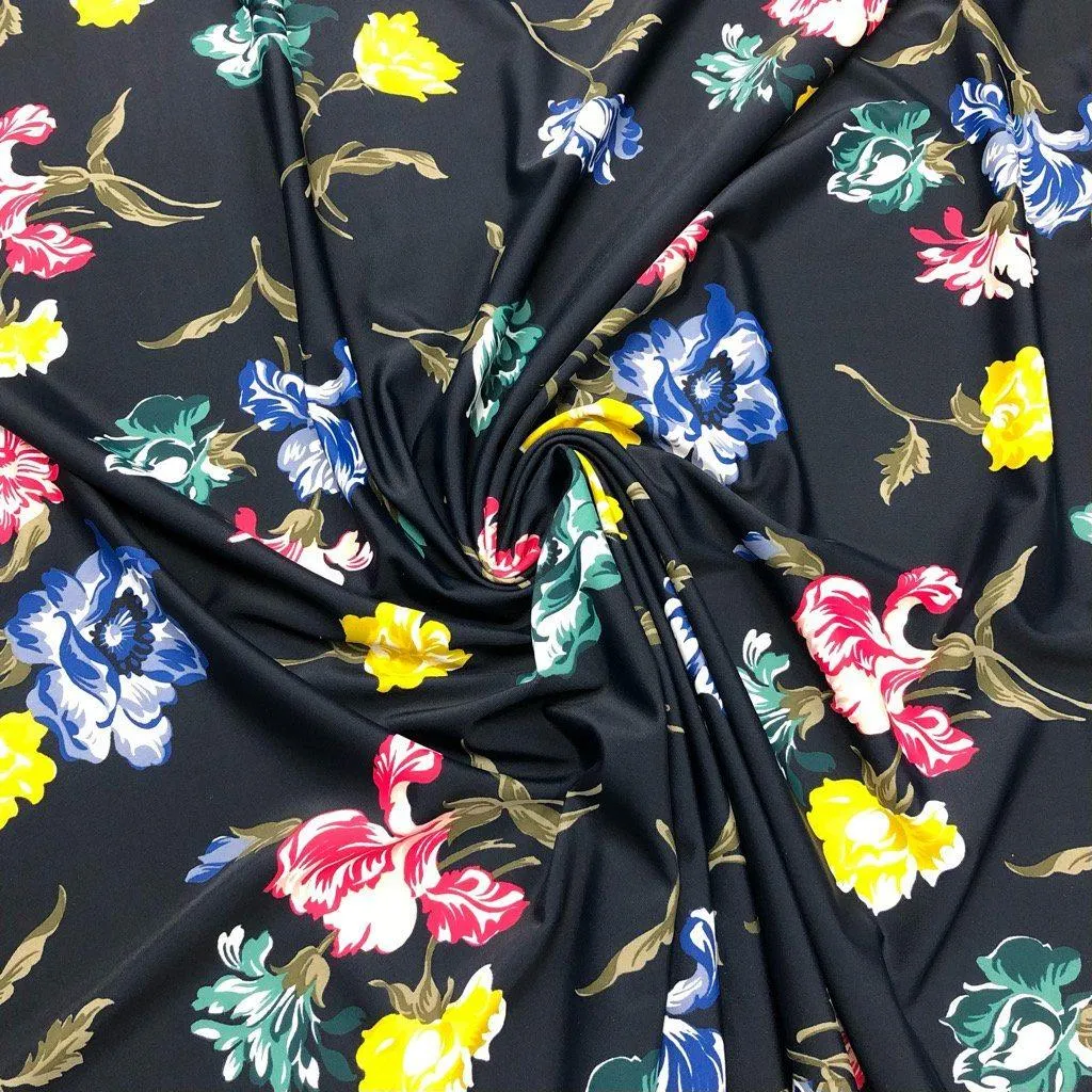 Multicolour Large Flowers on Dark Navy Lycra Spandex Fabric 80cm PANEL