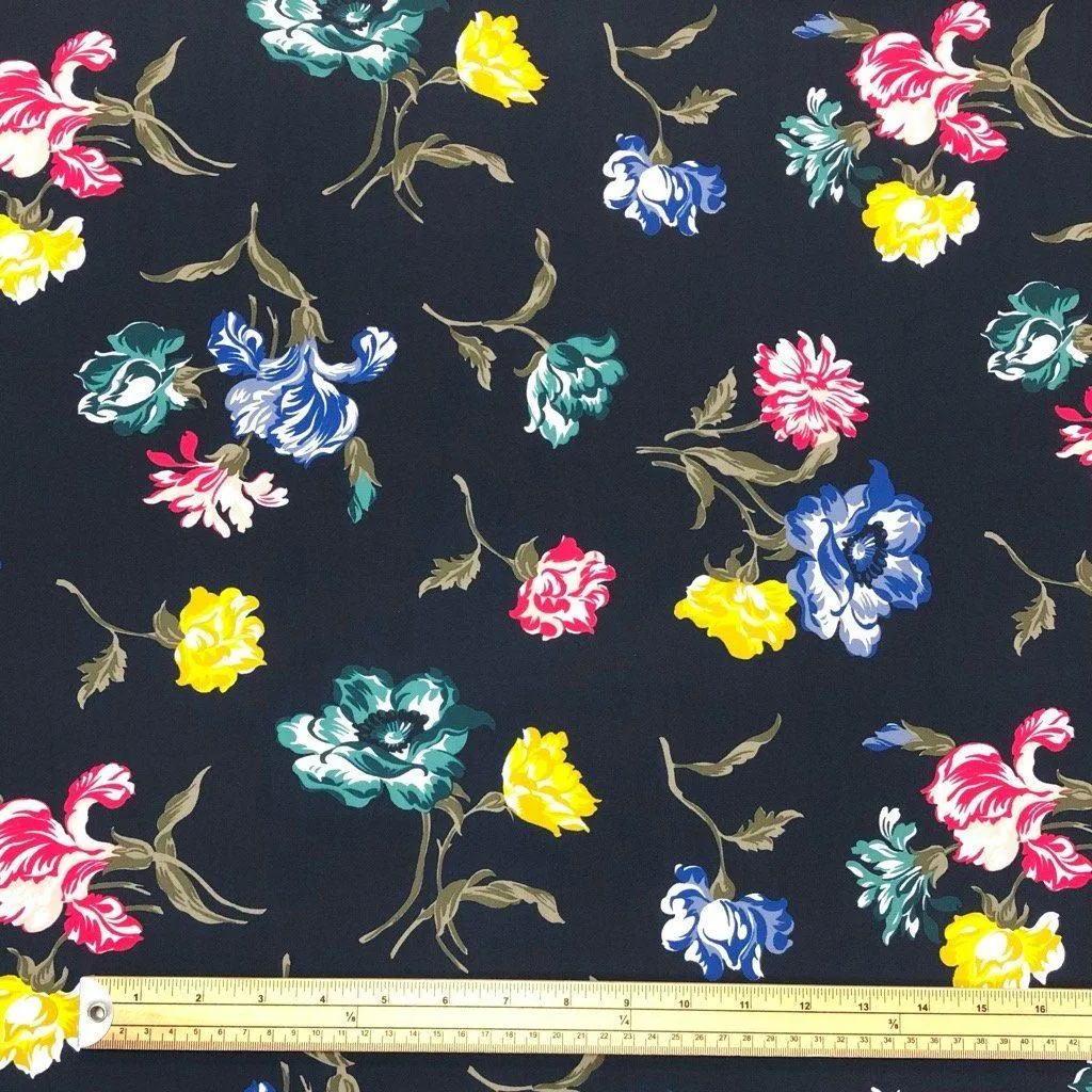 Multicolour Large Flowers on Dark Navy Lycra Spandex Fabric 80cm PANEL