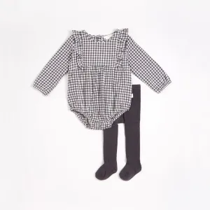 Petit Lem Charcoal Gingham Print Brushed Twill Romper with Tights