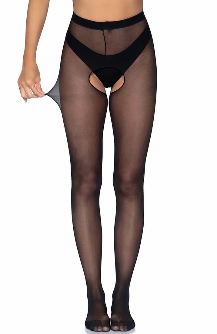 Sheer black crotchless tights