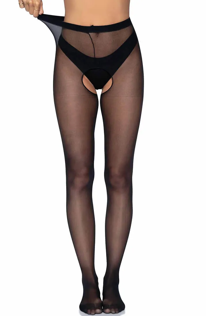 Sheer black crotchless tights
