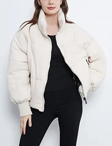 Tanming Womens Casual Puffer Jacket Long Sleeve Full Zip Black Padded Winter Coat (Beige, M)