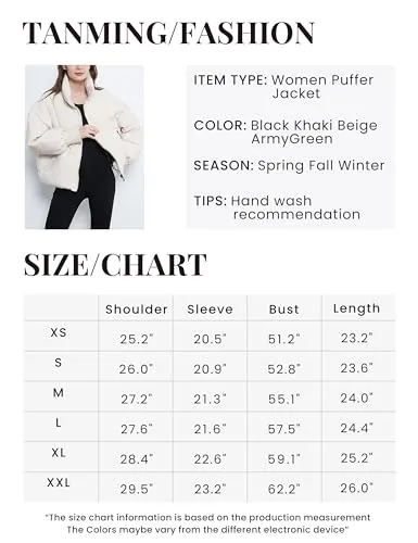 Tanming Womens Casual Puffer Jacket Long Sleeve Full Zip Black Padded Winter Coat (Beige, M)