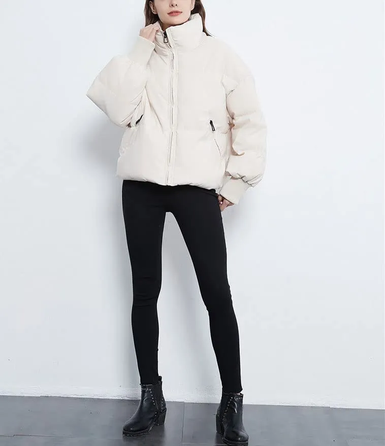 Tanming Womens Casual Puffer Jacket Long Sleeve Full Zip Black Padded Winter Coat (Beige, M)