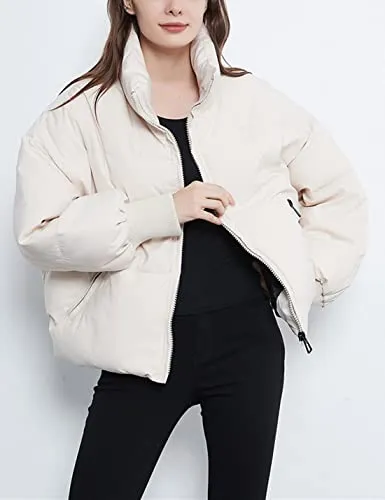 Tanming Womens Casual Puffer Jacket Long Sleeve Full Zip Black Padded Winter Coat (Beige, M)